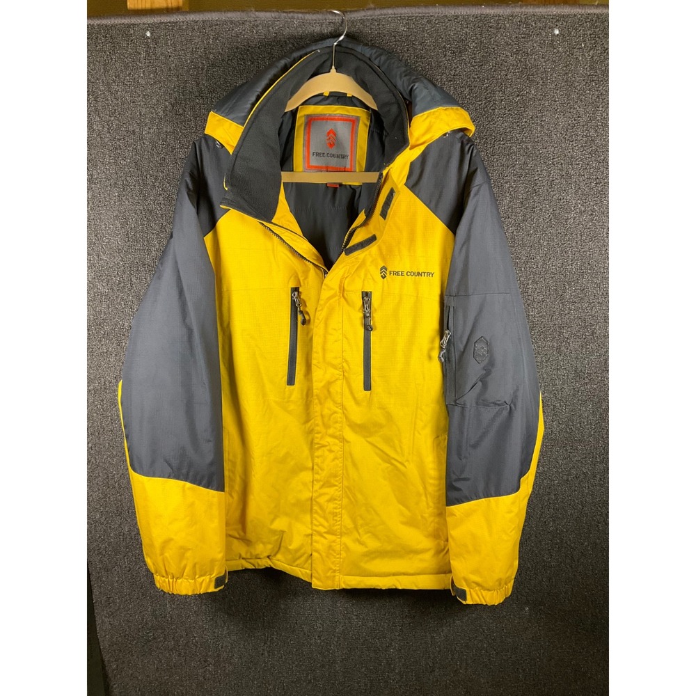 Free Country Mens XXL Yellow Grey Hooded Ski Jacket Winter Coat Ripstop Shell
